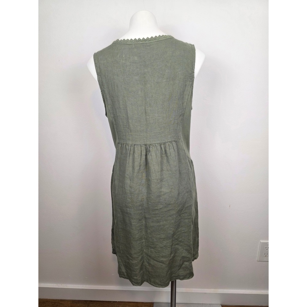 TERZO MILLENNIO Olive Green Linen V Neck Lace Trim Tiered Midi Dress Size L - Picture 2 of 8